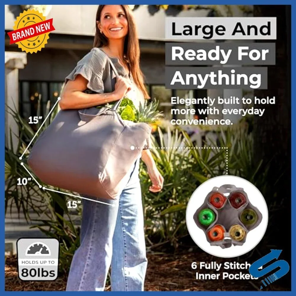 Heavy Duty Canvas Tote Set Foldable Washable Grocery Bags with Pockets